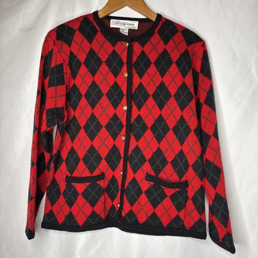 Vtg Crystal Kobe Women's S Red Argyle Diamond Gold Button Cardigan‎ Sweater